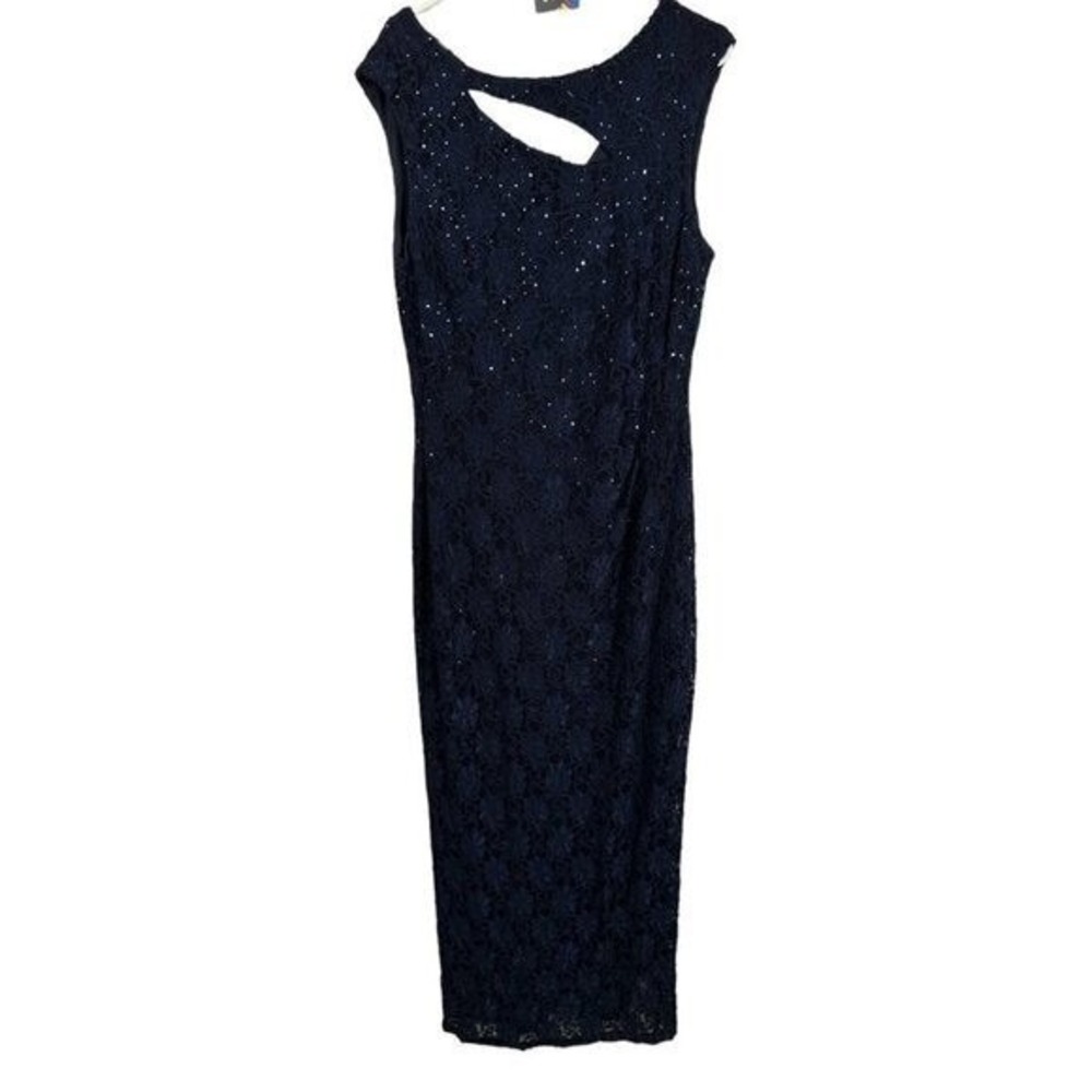 Connected Apparel Navy Blue Sequin‎ Lace Cutout Sheath Dress Women's Cocktail